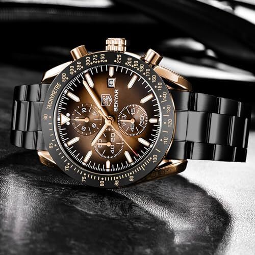ساعت مچی مردانه BY BENYAR ساعت چند کاره کرونوگراف تاریخ کوارتز مردانه استیل ضد زنگ مشکی/بند چرم قهوه ای آنالوگ ساعت مچی هدیه برای مردان مشاغل معمولی Image