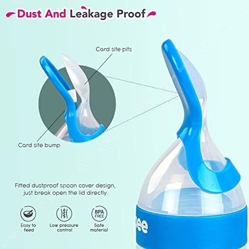 پخش‌کننده غذای سیلیکونی بی‌بی، بطری فشاری ضد کولیک و بدون BPA با قاشق برای غذای نیمه‌جامد نوزادان | پخش‌کننده غذای نوزاد برای نوزادان ۳ ماه به بالا (آبی) Image