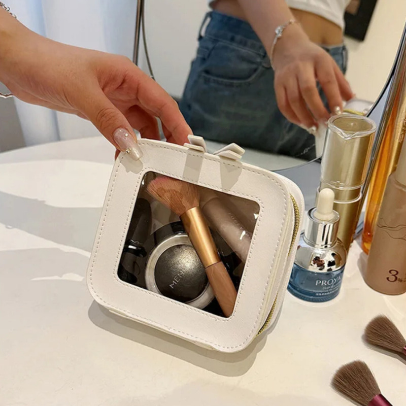 کیف آرایشی مینی شفاف  | کیف چرمی ضدآب مناسب کیف دستی و سفر سفید Image