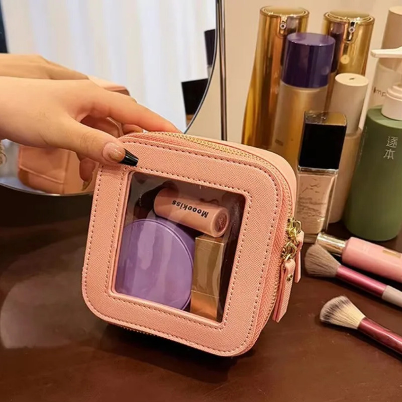 کیف آرایشی مینی شفاف  | کیف چرمی ضدآب مناسب کیف دستی و سفر صورتی Image