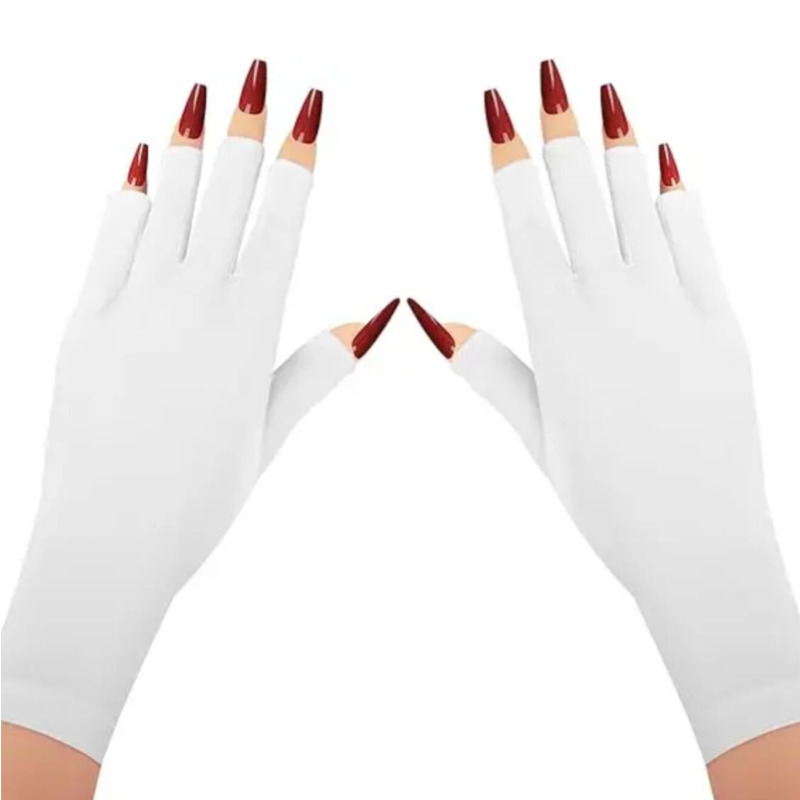 دستکش  ضد برنزه شدن UV Protection Gloves مخصوص مانیکور با +UPF50 سفید رنگ، محافظ پوست دست در برابر اشعه‌های مضر خورشید در زمان کاشت ناخن، ژل، لاک ژل و کار با دستگاه UV/LED Image