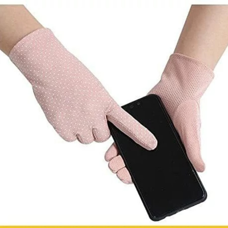 دستکش های زنانه نخی ضد آفتاب،طرح توپ توپی،سبک،تنفسی و محافظ در برابر اشعه uv،مناسب برای رانندگی،پیاده روی،رنگ صورتی Image