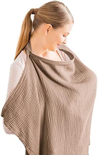 پوشش شیردهی کنسی موسلین برای شیردهی نوزاد، پوشش شیردهی ۱۰۰٪ نخی قابل تنفس با حلقه سخت برای پیشبند شیردهی مادر، چندمنظوره برای صندلی خودرو، قهوه‌ای (BRJ05) Image