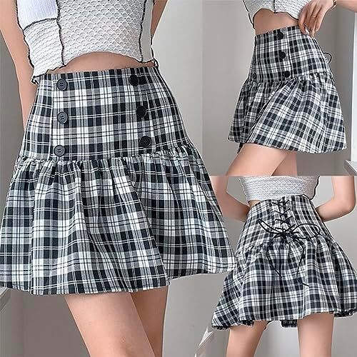 دامن های کوتاه چهارخانه گوتیک IDEALSANXUN برای دامن های چهارخانه کمر بلند زنانه Image