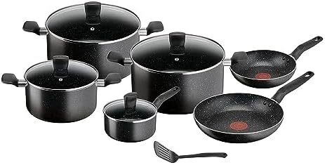 TEFAL Cookware Set | Dark Stone 11 pc Cooking set |Non-stick | Stewpots 22/24/28 cm, saucepan 16 cm, frypans 20/28 cm, slotted spatula | With Thermo Signal | Aluminium | 2 Year Warranty | B491BS85 Image