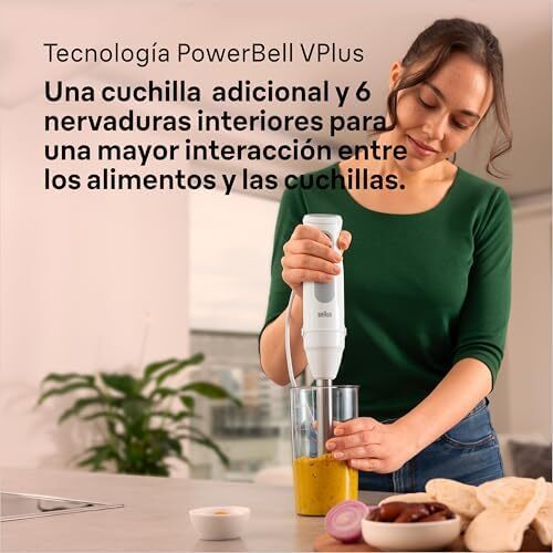 مخلوط کن دستی براون مدل MultiQuick 5 MQ 50001 M با تکنولوژی PowerBell Plus، سطل مینی ۲۱ سرعت + توربو، سیستم Easy Click Plus، مخلوط کن ارگونومیک، شفت استیل، لیوان ۶۰۰ میلی لیتری، ۱۰۰۰ وات، سفید Image