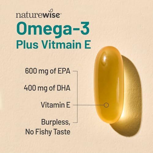 مکمل روغن ماهی امگا 3 با قدرت اضافی NatureWise - 1000 میلی‌گرم در هر وعده - 600 EPA و 400 DHA و ویتامین E - حمایت از سلامت قلب و مغز - طعم لیمو، غیرتراریخته - 180 کپسول نرم [تأمین 3 ماهه] Image