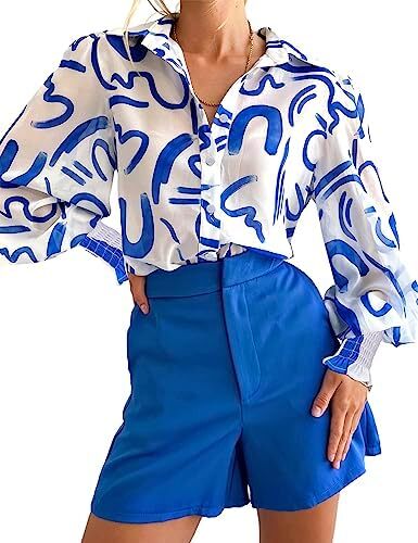 Prettywear زنانه دکمه دار پیراهن فانوس بلند پیراهن آستین بلند سایز بلوز گاه به گاه تاپ چکیده چاپ شده Image
