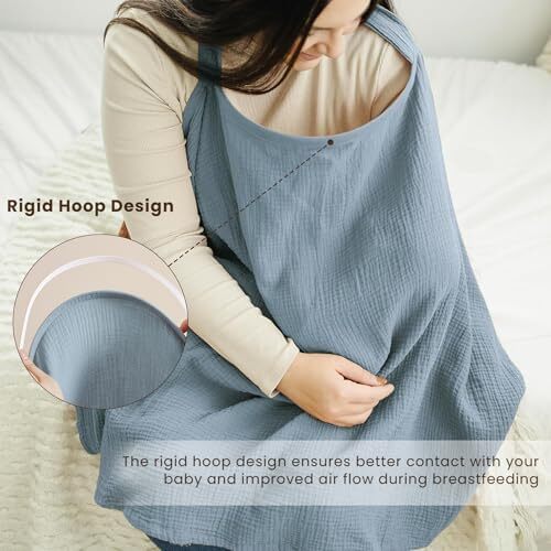 پوشش شیردهی کنسی موسلین برای شیردهی نوزاد، پوشش شیردهی ۱۰۰٪ پنبه‌ای قابل تنفس با حلقه سخت برای پیشبند مادر، چتر صندلی خودرو چندمنظوره (آبی) Image