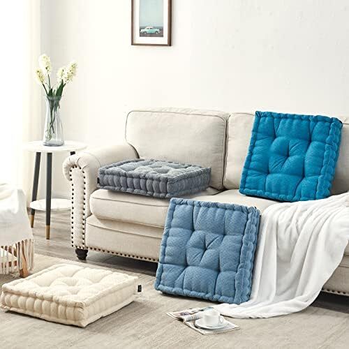 بالش کف مدیتیشن Getmo Resin، کوسن کف بزرگ، بالش‌های مربعی برای صندلی بزرگسالان، کوسن مراقبه ضخیم Chenille برای بالکن اتاق نشیمن یوگا تاتامی فضای باز، 20x20 اینچ، آبی Image