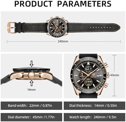 ساعت مچی مردانه BY BENYAR با قابلیت ضد آب تا 100 متر، کرنوگراف، تاریخ‌سنج، بند چرم قهوه‌ای، حرکت کوارتز، ساعت آنالوگ، هدیه‌ای مناسب برای مردان Image