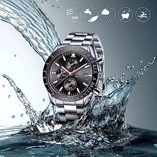 ساعت مچی مردانه BY BENYAR ساعت چند کاره کرونوگراف تاریخ کوارتز مردانه استیل ضد زنگ مشکی/بند چرم قهوه ای آنالوگ ساعت مچی هدیه برای مردان مشاغل معمولی Image