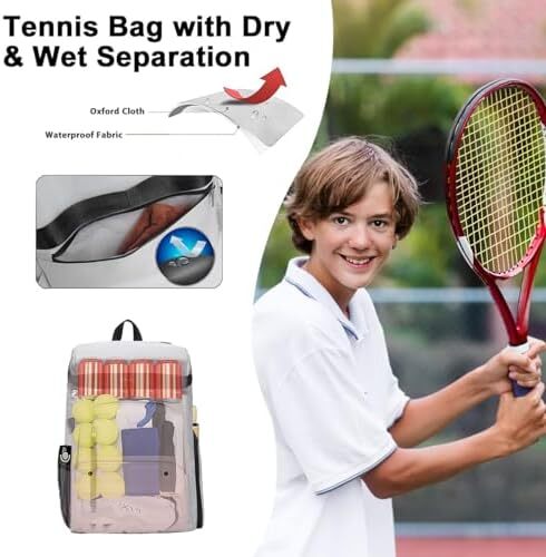 کیف راکت تنیس کوله پشتی بزرگ تنیس، کیف حمل تنیس راکتی حرفه ای با بند شانه و کفش ضد آب پاروهای اسکواش پیکلبال برای نوجوانان بزرگسالان سفر تنیس بدمینتون Image