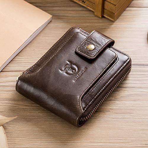 کیف پول مردانه RFID چرم اصل BULLCAPTAIN با ظرفیت بزرگ کارت شناسایی با جیب سکه زیپ QB-231، قهوه، S، مینیمالیستی Image