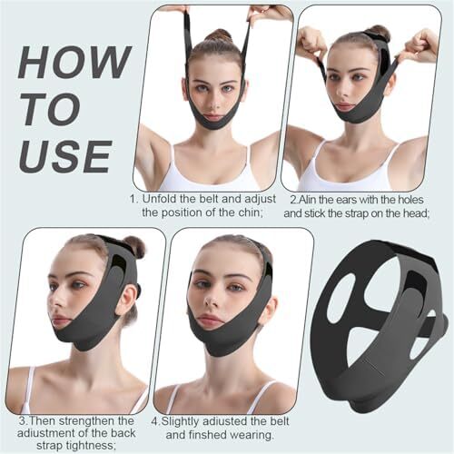 بند چانه برای خواب، نوار لیفت صورت برای چانه دوگانه برای زنان، ماسک لیفتینگ V خطی قابل استفاده مجدد، کمربند باریک کننده صورت قابل تنظیم، ورزش دهان، شکل دهنده خط فک، ضد افتادگی، مشکی M Image