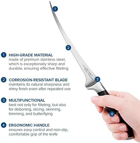 چاقوی سرآشپز فیله‌کردن ماهی ۳۲ سانتی‌متری استیل ضد زنگ - چاقوی استخوان‌زنی با دسته ارگونومیک و غلاف محافظ - چاقوی کوچک و انعطاف‌پذیر برای پوست‌کنی و برش ماهی یا گوشت Image
