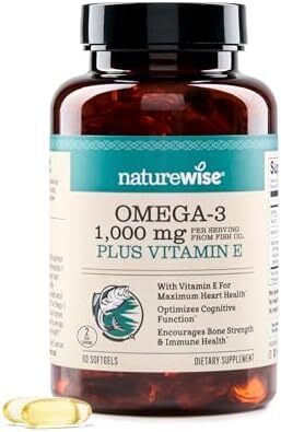 مکمل روغن ماهی امگا 3 با قدرت اضافی نیچر وایز - 1000 میلی‌گرم در هر وعده - 600 EPA و 400 DHA و ویتامین E - حمایت از سلامت قلب و مغز - طعم لیمو، غیرتراریخته - 60 کپسول نرم (یک ماه تأمین) Image