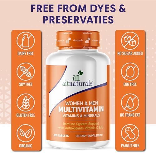 قرص مولتی ویتامین 300 زنانه و مردانه Aitnaturals| غنی شده با ویتامین A، C، D، E، K، B12، فولات، آهن، کلسیم، منیزیم، بیوتین، روی، و ید | حمایت از سیستم ایمنی، انرژی و متابولیسم Image