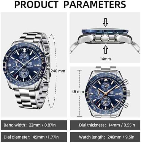 BY BENYAR Mens Watch 100M Waterproof Chronograph Date Watch for Men Brown Leather Strap Quartz Movement Analog Watch Business Casual Gift for Men Image