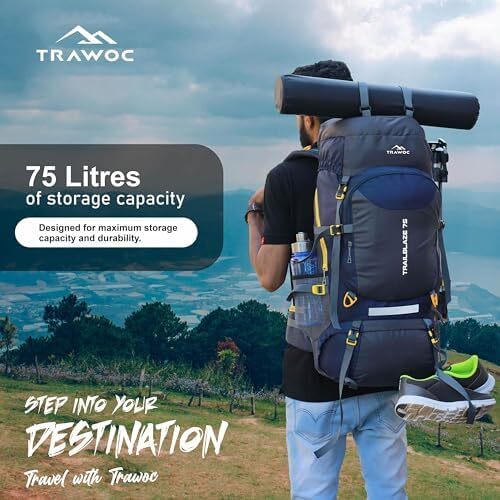 کیف کوله پشتی 75 لیتری TRAWOC TRAWOC TRAILBLAZE مردانه و زنانه، کیف مسافرتی کمپینگ کوهنوردی کوهنوردی، کاور باران / محفظه کفش، 3 سال گارانتی Image