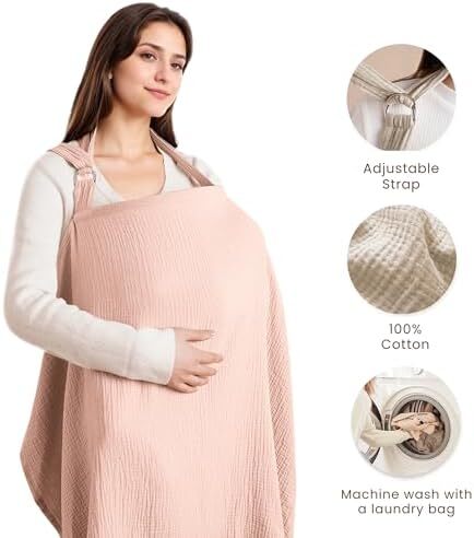 Konssy Muslin Nursing Cover for Baby Breastfeeding, Breathable 100% Cotton Breastfeeding Cover with Rigid Hoop for Mother Nursing Apron, Multi-use Carseat Canopy (Pink) Image