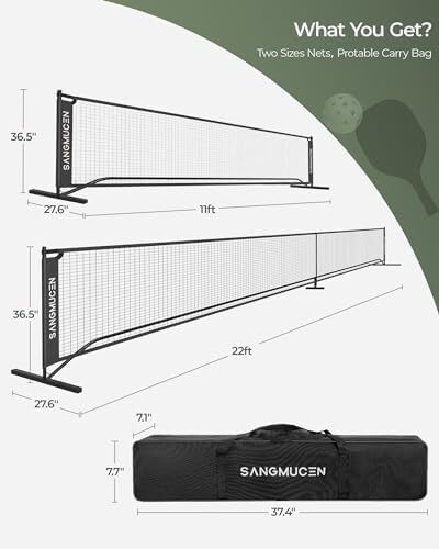 توری پیکلبال SANGMUCEN، ست توری پیکلبال با سایز تنظیمی 22 FT و شبکه نیمه زمین 11 FT، توری قابل حمل Pickleball برای زمین درایو، قاب فلزی مقاوم در برابر آب و هوا، توری پلی اتیلن قوی Image