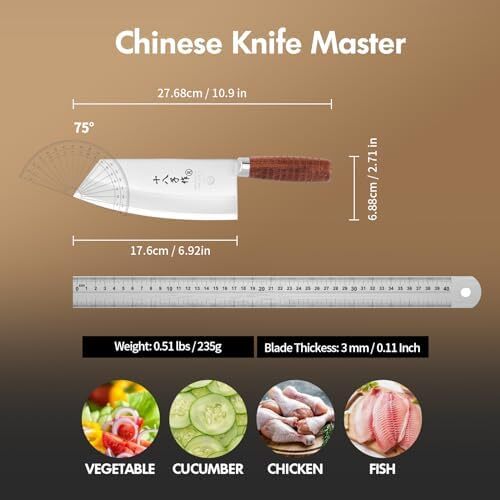 چاقوی سرآشپز SHI BA ZI ZUO، چاقوی سبزیجات چینی برای آشپزخانه، کلاس برتر، چاقوی استیل ضد زنگ 7 اینچی با طراحی ارگونومیک و دسته چوبی راحت Image