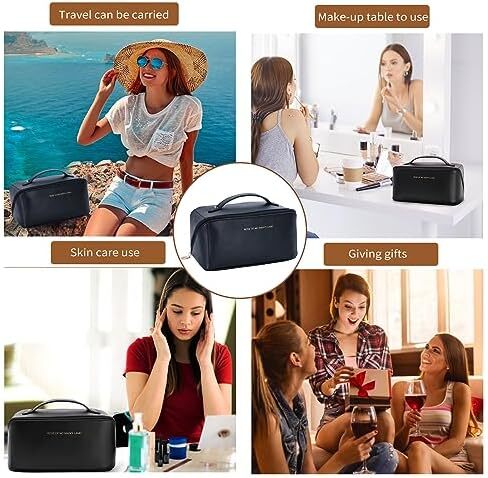 کیف لوازم آرایش مسافرتی 3 عدد کیف لوازم آرایشی قابل حمل زنانه با ظرفیت بالا مجموعه کیف سازمان دهنده کیف آرایشی تخت از 3 عدد کیف آرایشی ضد آب چرم PU با تقسیم کننده و دسته، مشکی، کیف های آرایشی Image