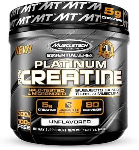 پودر ماسل تک پلاتینیوم 100% کراتین مونوهیدرات ریکاوری خالص میکرونیزه عضلانی، کمک به افزایش قدرت عضلانی، افزایش قدرت و افزایش عملکرد برای مردان و زنان، بدون طعم 400 گرم Image