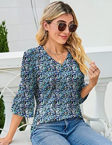 TFSDOD زنانه یقه V یقه 3/4 تاپ آستین زنگ دار یقه یقه دار پیراهن آستین دار یقه دار بلوزهای گشاد تابستانی تابستانی Image