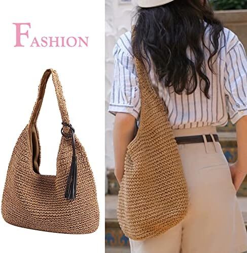 کیف دستی حصیری با ظرفیت بزرگ Aktudy، کیف دستی شانه ای توخالی برای زنان کیف ساحلی مسافرتی تابستانی Image