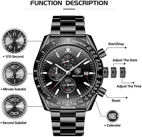 ساعت مچی مردانه BY BENYAR ساعت چند کاره کرونوگراف تاریخ کوارتز مردانه استیل ضد زنگ مشکی/بند چرم قهوه ای آنالوگ ساعت مچی هدیه برای مردان مشاغل معمولی Image