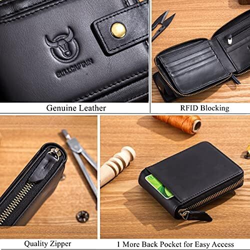 کیف پول مردانه RFID چرم اصل BULLCAPTAIN با ظرفیت بزرگ کارت شناسایی با جیب سکه زیپ QB-231، مشکی، کوچک، مینیمالیستی Image