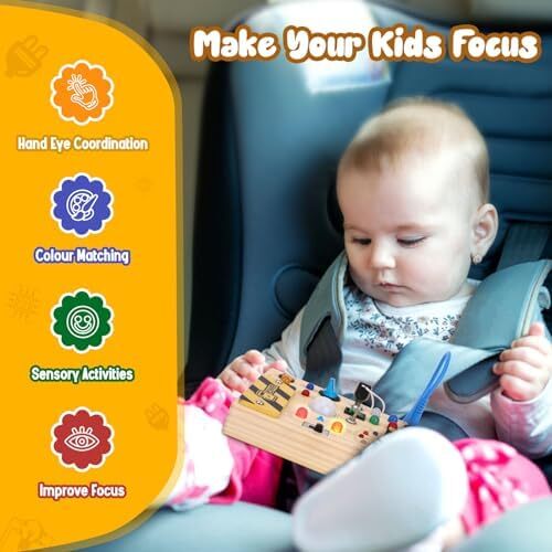 Hoarosall Montessori toys Clock Wooden Busy Board with 11 LED Light switches, Tooddler Toys Sensory Toys Travel Toys for 1+ Year Old Baby and Toddler Image