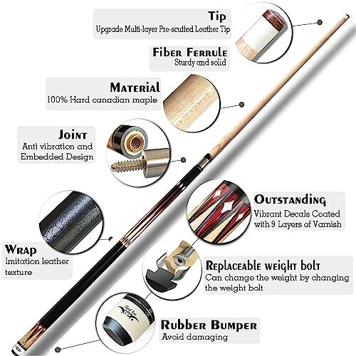 تای با کیوس 2 تکه چوب استخر + قاب سخت، نوک 13 میلی‌متری، 58 اینچ چوب بیلیارد حرفه‌ای افرا کانادایی چوب بیلیارد 18،19،20،21،22 چوب استخر (قابل انتخاب) - آبی، مشکی، قرمز، خاکستری ، سبز Image