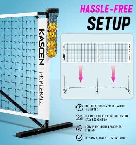 توری قابل حمل KASCEN Pickleball با چرخ - 22FT USAPA سایز تنظیمی توری Pickleball برای Driveway با نگهدارنده توپ، 4 Pickleball، کیف حمل برای فضای بیرونی سیاه سفید Image