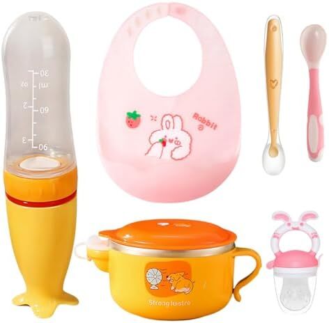 ست feeding نوزاد 6 تکه – کاسه حرارت‌نگهدار، قاشق سیلیکونی و میوه‌خوری، وسایل غذادهی برای کودکان و پیش‌بند، هدیه نوزاد جدید