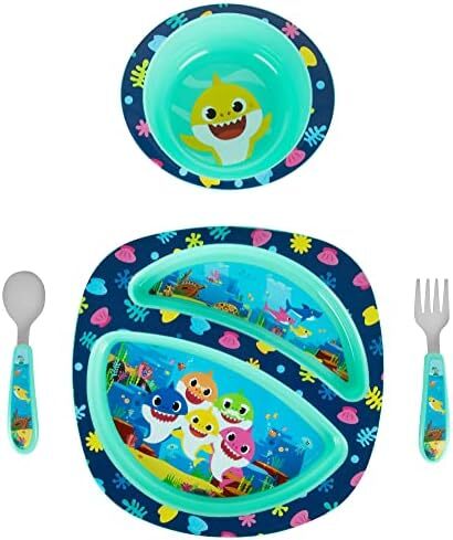 The First Years Baby Shark 4-Piece Toddler Mealtime Feeding Set with Dishwasher Safe Bowl, Plate, Fork & Spoon Image