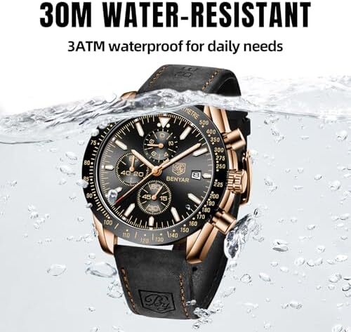 ساعت مچی مردانه BY BENYAR با قابلیت ضد آب تا 100 متر، کرنوگراف، تاریخ‌سنج، بند چرم قهوه‌ای، حرکت کوارتز، ساعت آنالوگ، هدیه‌ای مناسب برای مردان Image