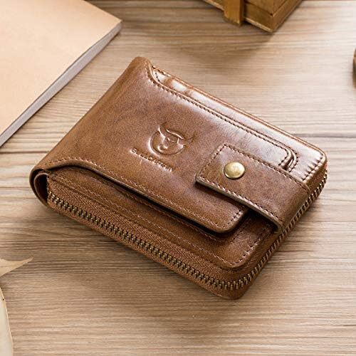 کیف پول مردانه RFID چرم اصل BULLCAPTAIN با ظرفیت بزرگ کارت شناسایی با جیب سکه زیپ QB-231، قهوه ای، کوچک، مینیمالیستی