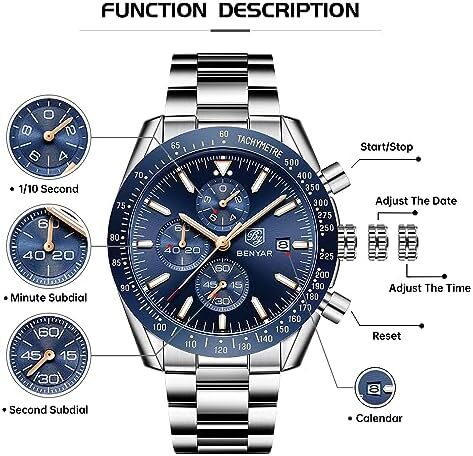 BY BENYAR Mens Watch 100M Waterproof Chronograph Date Watch for Men Brown Leather Strap Quartz Movement Analog Watch Business Casual Gift for Men Image