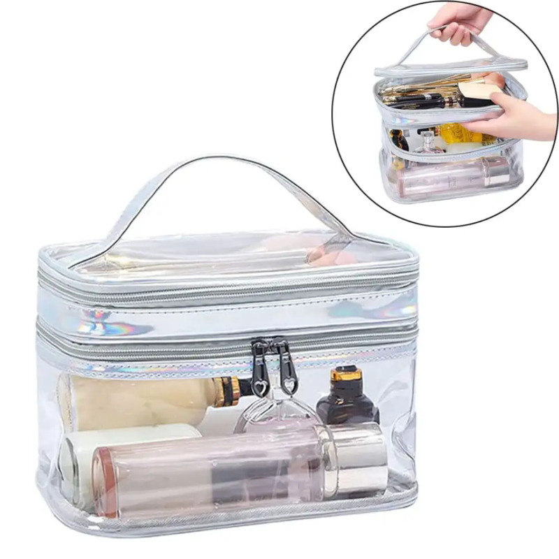 کیف آرایشی شفاف دو لایه ضدآب | مناسب سفر و نظم‌دهی لوازم بهداشتی و آرایشی