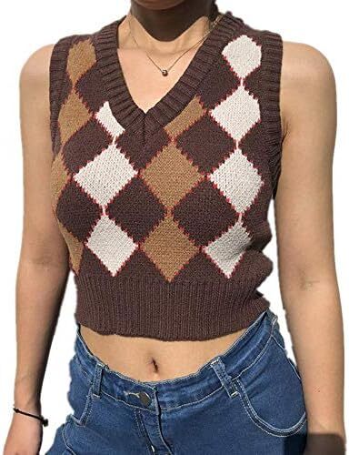 جلیقه ژاکت بافتنی Hyipels Argyle زنانه Y2K لباس بافتنی چهارخانه مدل لباس بافتنی Preppy Style V یقه تاپ تانک دخترانه Image