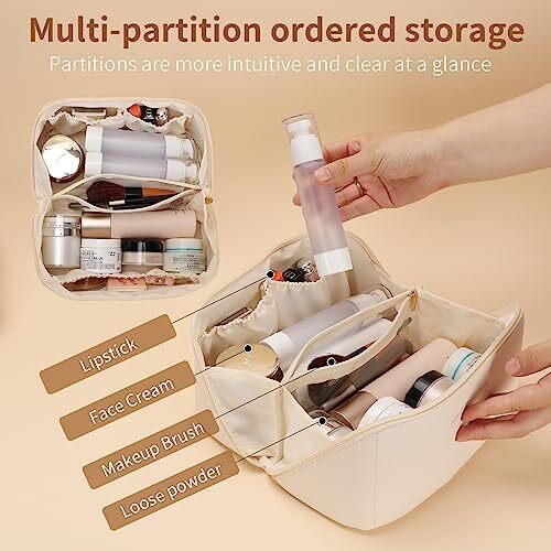 کیف آرایش مسافرتی چرمی PU zaleeta 3 عددی، ست کیف لوازم آرایش مسافرتی با ظرفیت بالا قابل حمل ضدآب، کیف لوازم آرایش زنانه، ست کیف آرایشی سازمان دهنده آرایش تخت باز با تقسیم کننده و دسته، Image