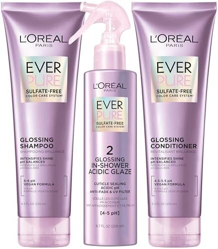 شامپو براق کننده، نرم کننده و کیت درمان بدون سولفات L'OREAL PARIS EverPure، با pH متعادل، تشدید کننده درخشندگی، ضد محو شدن، فیلتر UV، روغن آرگان، گیاهی، بدون پارابن، بدون رنگ، بدون گلوتن، کیت 1