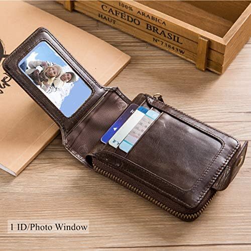 کیف پول مردانه RFID چرم اصل BULLCAPTAIN با ظرفیت بزرگ کارت شناسایی با جیب سکه زیپ QB-231، قهوه، S، مینیمالیستی Image
