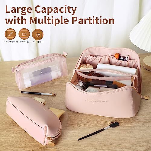 3 عدد کیف آرایش مسافرتی کیف لوازم آرایشی قابل حمل زنانه با ظرفیت بالا مجموعه کیف سازمان‌دهنده کیف آرایش تخت از 3 عدد کیف آرایشی ضد آب چرم PU با تقسیم‌کننده و دسته (صورتی) Image