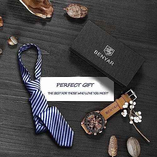 ساعت مچی مردانه BY BENYAR ساعت چند کاره کرونوگراف تاریخ کوارتز مردانه استیل ضد زنگ مشکی/بند چرم قهوه ای آنالوگ ساعت مچی هدیه برای مردان مشاغل معمولی Image