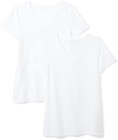 تی شرت یقه کوتاه آستین کوتاه زنانه آمازون Essentials، بسته 2 عددی، سفید، کوچک
