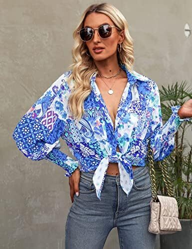 Prettywear زنانه دکمه دار پیراهن فانوس بلند پیراهن آستین بلند سایز بلوز گاه به گاه تاپ چکیده چاپ شده Image
